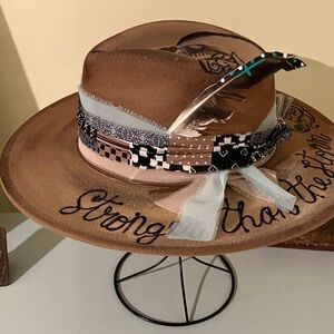 Brown Wide Brim Hat with Feather and Ribbon